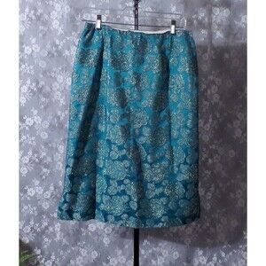 Vintage 60s Pencil Skirt 1960s Teal & Gold Floral Spring Cocktail Size Small